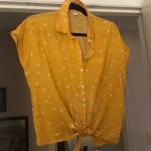 Linen blend button up tie hem top petite L